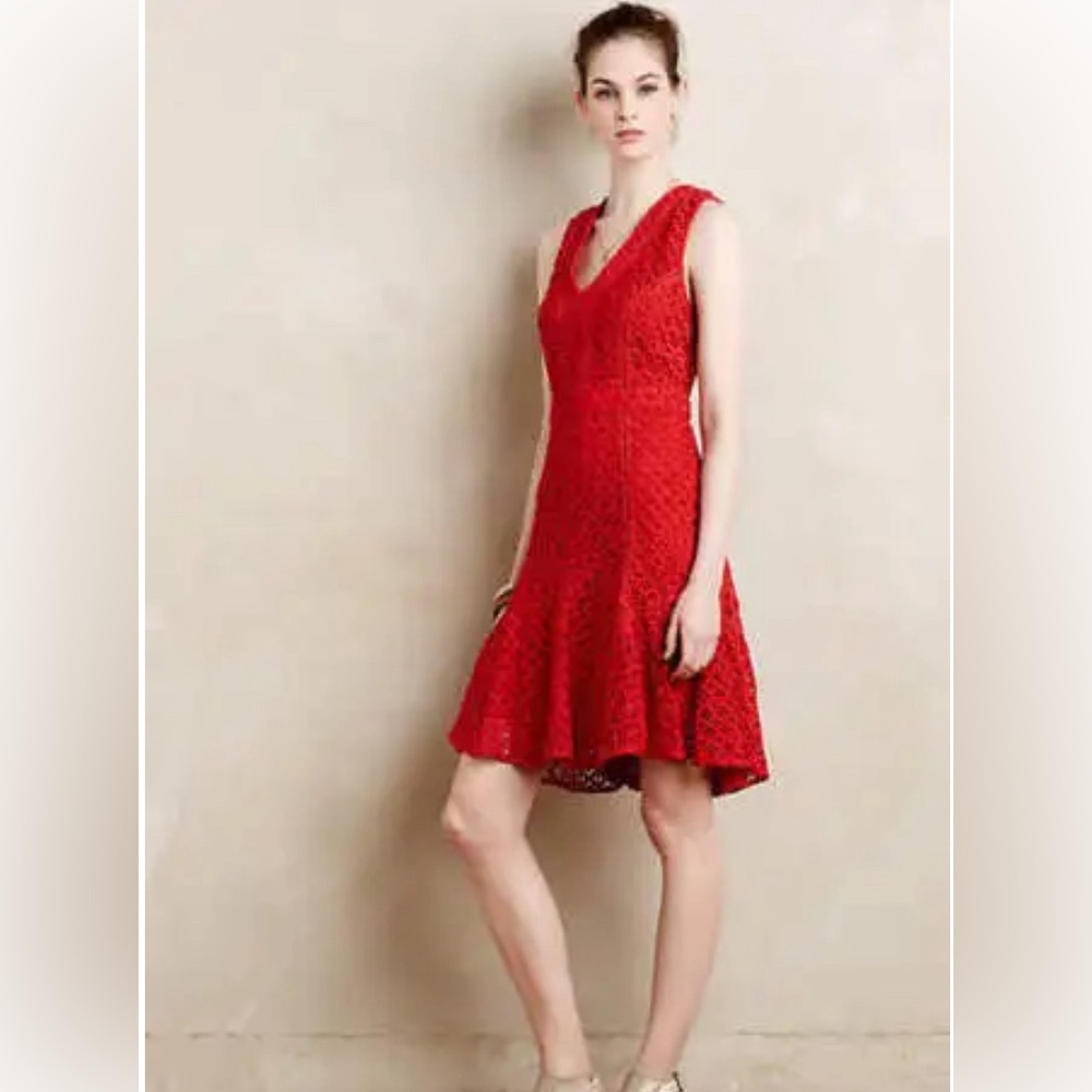 Anthropologie San & Soni Red Flounced Lace Dress